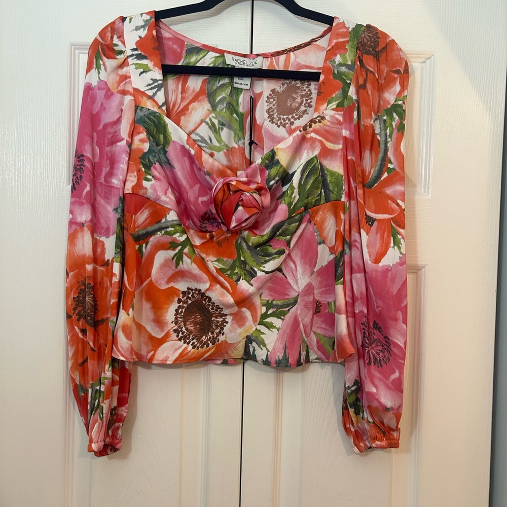 NWT Rachel Zoe Floral Long Sleeve Blouse Rosette Detail | Size XS